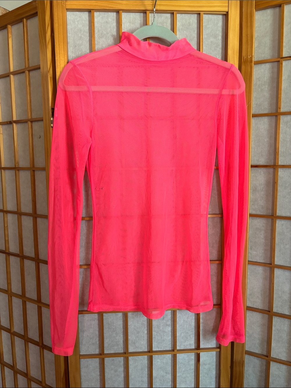 Sheer Long-Sleeve Mock Neck Top - Neon Pink